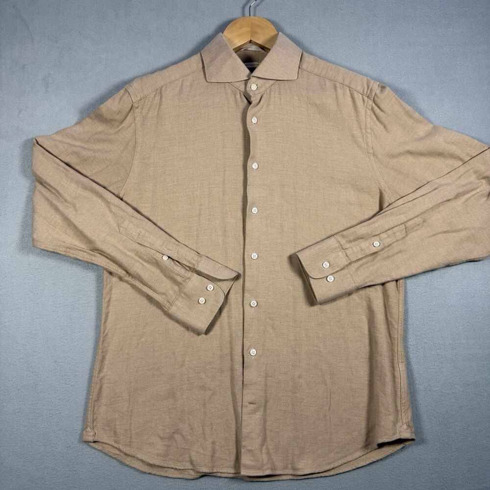 Suitsupply Mens 16 Slim Fit Egyptian Cotton Herringbone Dress Shirt Tan Khaki
